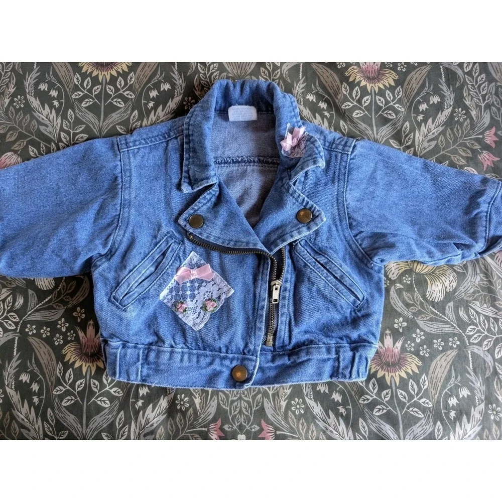 Vintage Toddler Denim Jean Jacket 12 Months Lace 90s Cottagecore Y2K Bows Moto